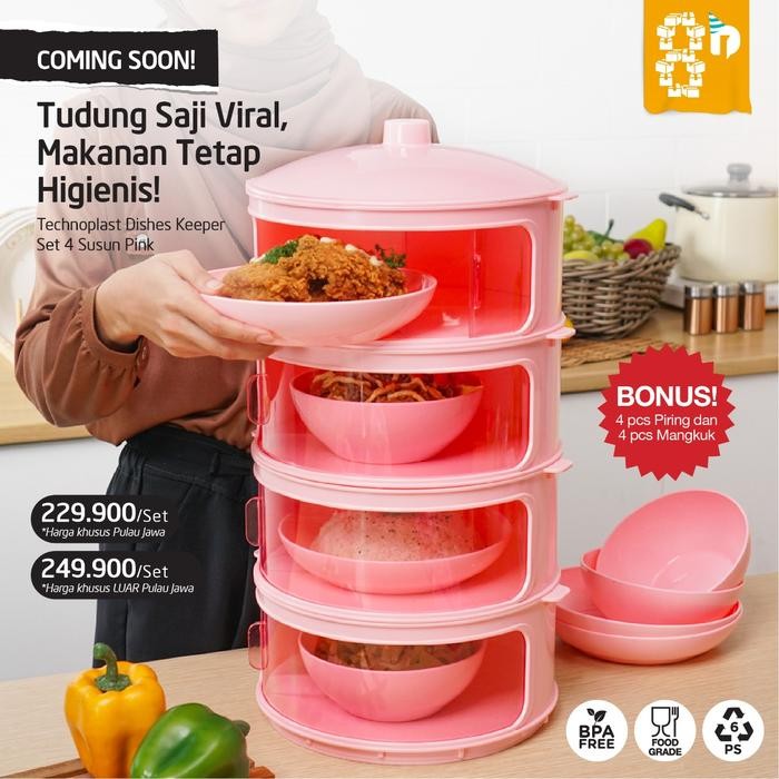 PREMIUM Tudung Saji Susun 4 Dishes Keeper Pink FREE Mangkuk dan Piring