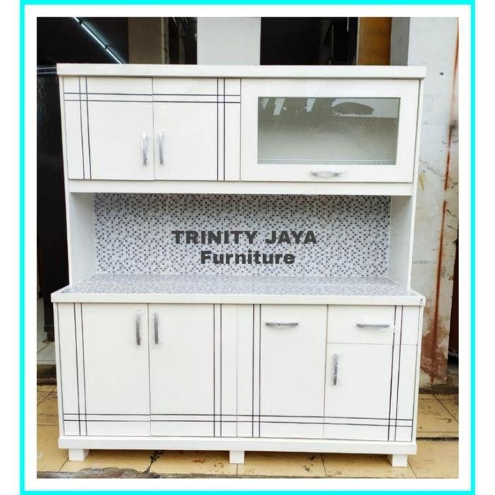 Lemari Sayur Dapur Hidrolik Rak Piring Kayu 4 Pintu Jumbo Full Duco Warna Kayu Blokteak