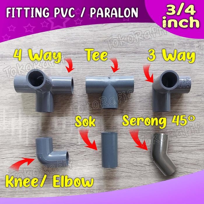 Fitting Pipa PVC 3/4 inch, 3 Way, 4 Way, Knee, Tee Abu-abu