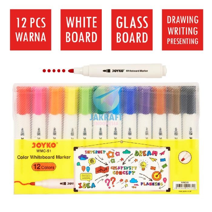 

(12 Pcs) Set Spidol Papan Tulis Segala Jenis 12 Warna JOYKO WMC-51 Whiteboard Glassboard Marker