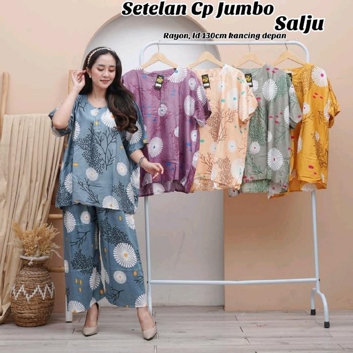 Setelan CP Jumbo Ld 130 Kancing Depan Nyaman Busui - Bumil, Panjang murah Tidur Celana Daster Piyama
