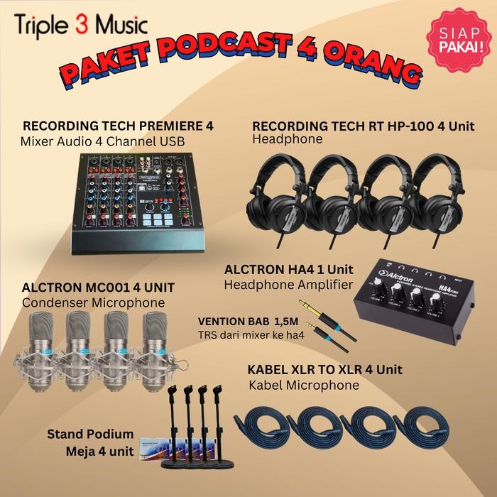 Paket podcast 4 orang mixer Recording tech Premiere 4 Mic + headphone