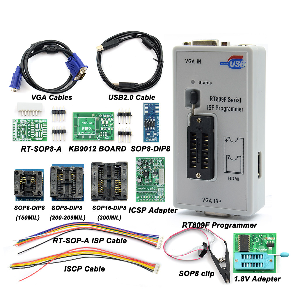 

Original RT809F Serial ISP Programmer +16 adapters +1.8v adapter+SOP8 test clip+EDID cable +ICSP