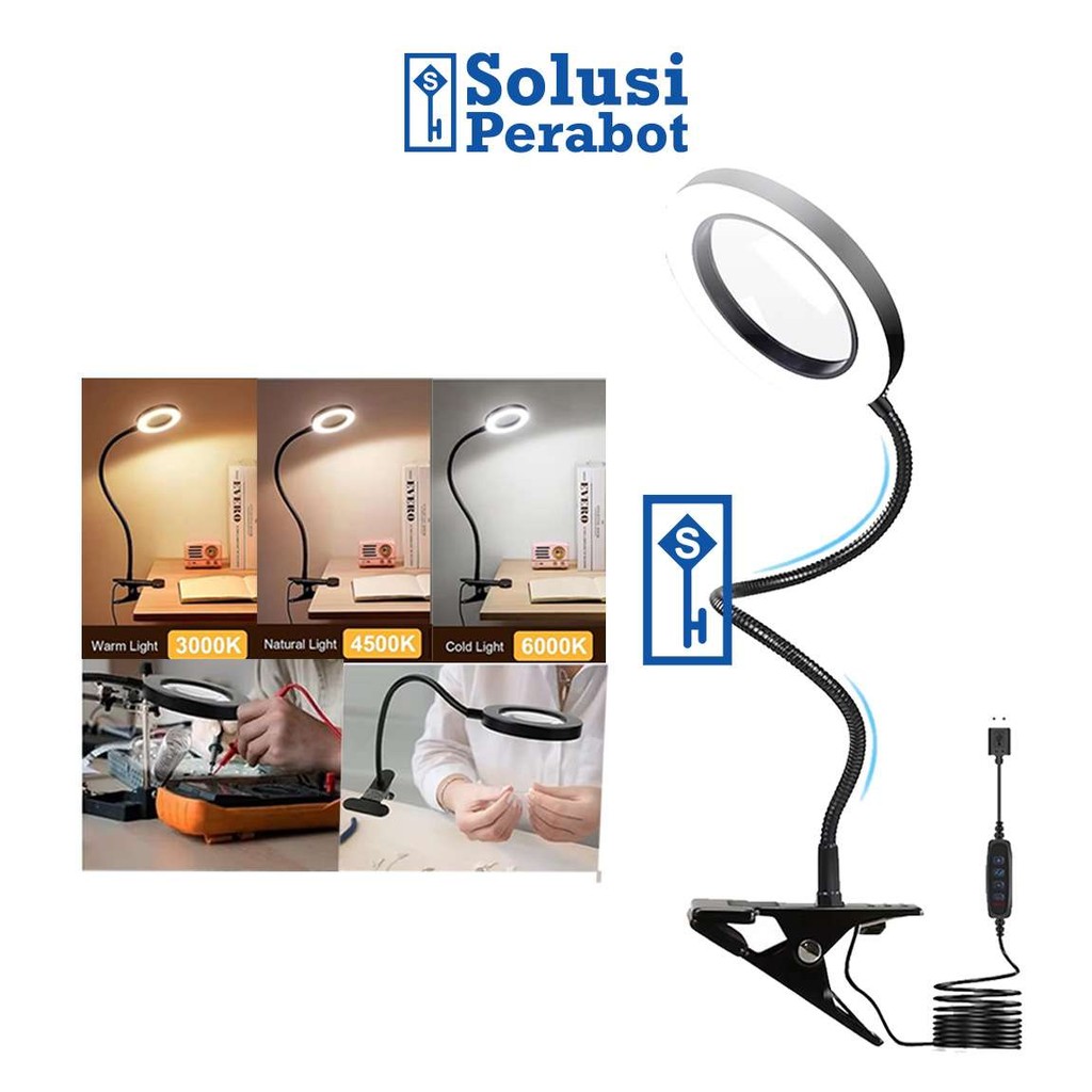 

Kaca Pembesar Klip Desktop LED 10X 110mm E046X SP / USB Meja Magnifier Lampu Baca Table Lamp / Multifungsi Duduk Jepit / Magnifying Glass / Profesional Service / Dengan Tiga Mode / Power Supply