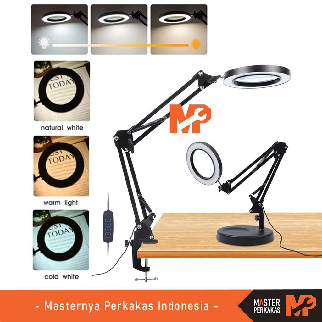 MP Pembesar Kaca Meja LED 10x 108mm G13x / USB Desktop Magnifier Lampu Baca Klip Table Lamp / Multif