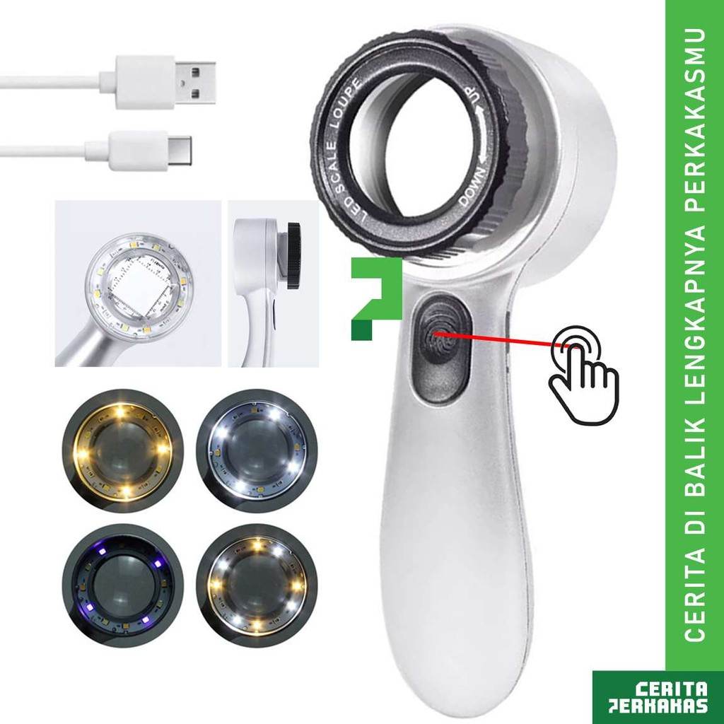 

CP Pembesar Kaca Scale LED UV 30x 35mm E011x / Focusing Magnifier Magnifying Glass LUP Loupe Handheld High Power / Gelas Ultraviolet Lampu Membaca / Lurus Loop Sensor Sentuh Touch
