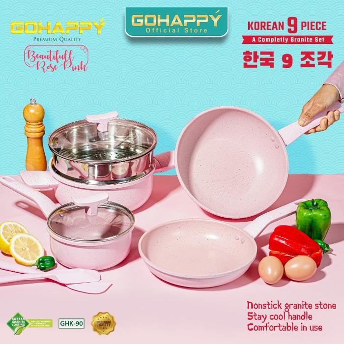 Panci Gohappy Korea Anti Lengket Ghk-90 Panci Set Granite Isi 9 Pcs Casserole Fry Pan Wok Pan Milk