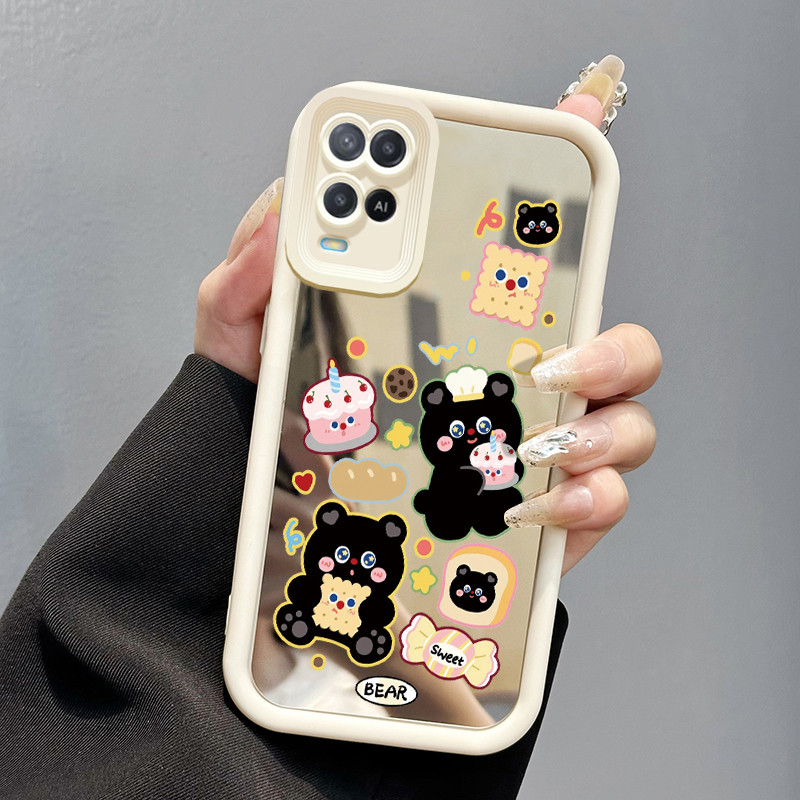 Casing Hp OPPO A54 Case Casing Beruang hitam yang lucu HP Kesing cermin Softcase silikon perlindunga
