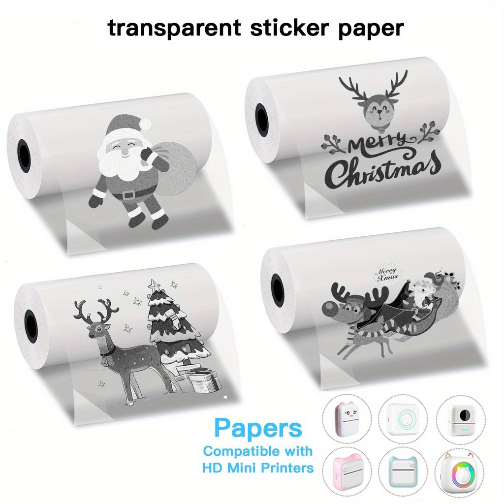 

3/6/9 Rolls Clear Christmas Thermal Stickers HD Self-Adhesive Labels for Mini Portable Printer