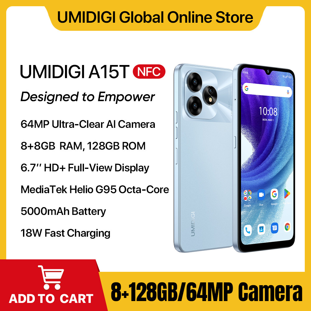 UMIDIGI A15T Smartphone Android NFC 16GB (8+8GB Extend)RAM 128GB ROM Helio G95,64MP AI Camera 6.7 ”H
