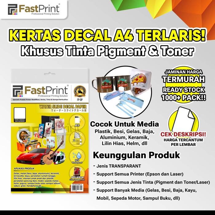 

Fast Print Kertas Water Slide Decal Paper Transparant Ukuran A4 100 Gram