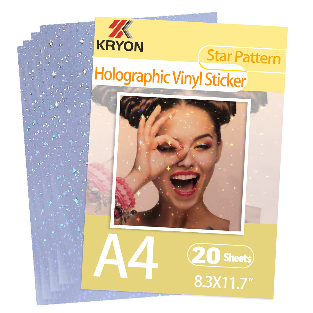 

KRYON A4 20 Sheets Star Pattern Size:8.3x11.7 inch 210x297mm Holographic Sticker Paper Glitter Clear