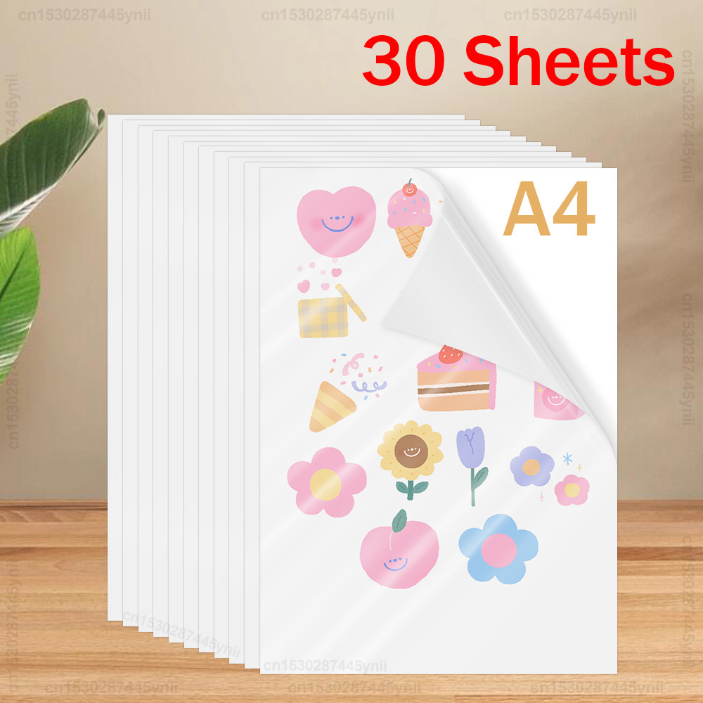 

30PK A4 Paper Sheets Self-adhesive Printable Vinyl Sticker Paper DIY Glossy White Transparent Label