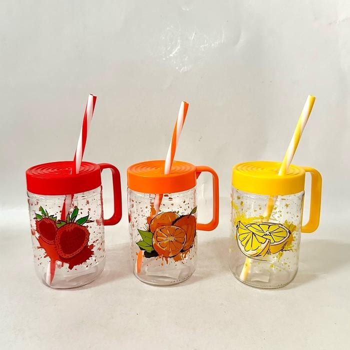 Herevin gelas mug drink jar kaca 660 ml tutup plastik + sedotan
