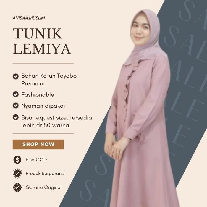 (Allthebest) Lemiya tunik Putih baju atasan wanita Muslim terbaru tunic katun Toyobo polos Panjang