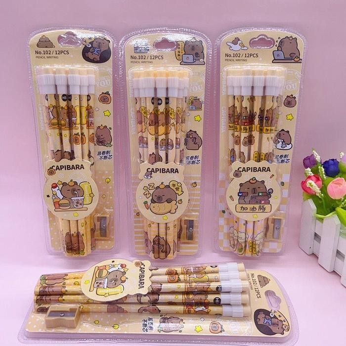 

1 SET 12 PCS Pensil Anak Motif CAPYBARA / Set Pensil Anak Sekolah Lucu CAPYBARA Premium Quality