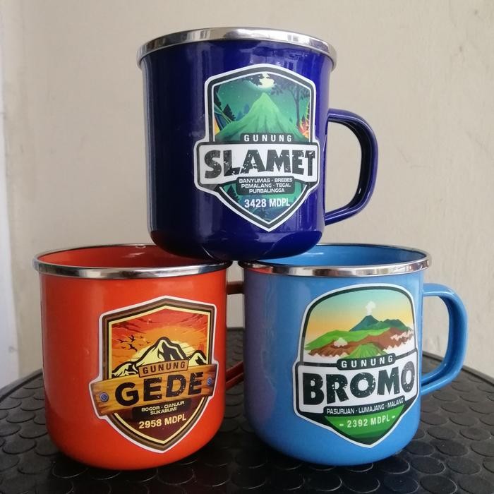 Mug Enamel Bonus Stiker Gunung Waterproof Anti Air Cangkir Gelas