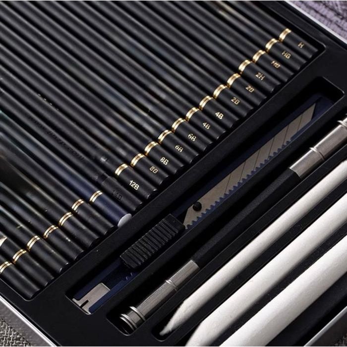 

Set Pensil Gambar Sketch Pensil Grafit Charcoal Arang 29 Pcs Dengan Kotak Tin