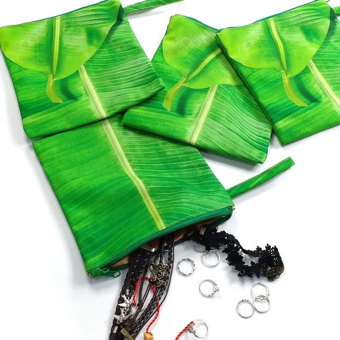 Pouch Persegi Kanvas Kotak Motif Daun Pisang Shrelo Untuk Tempat Pensil Makeup Inner Bag Pouch