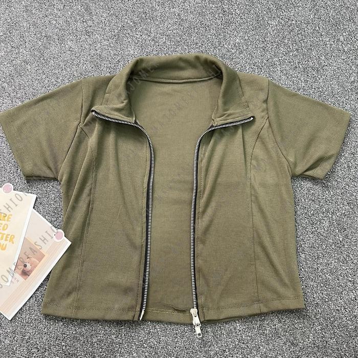 (Allthebest) Majomer Hariya Zipper Kerah Crop Top - Atasan Resleting Wanita