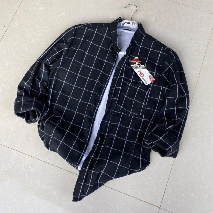 NEW kemeja flanel garis putih pria wanita lengan panjang best seller V-Neck [terbaik][terlaris]
