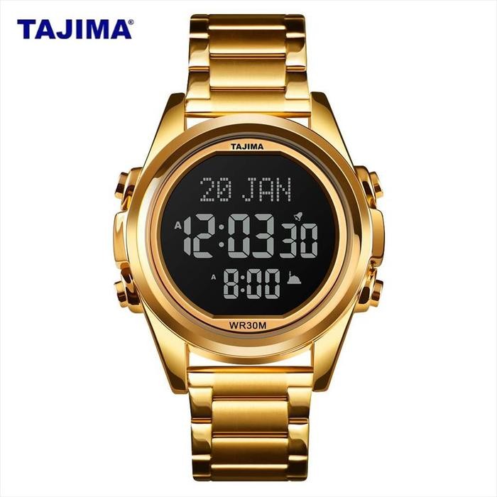Jam Tangan Digital Pria Tajima 9443 Qibla Time Stainless Steel Water Resist Garansi 1 Tahun + Free