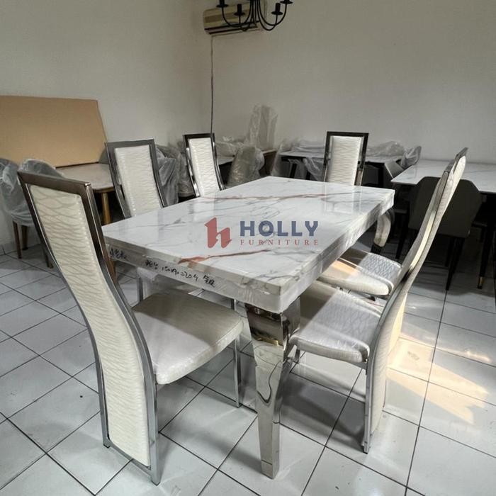 Meja Makan Marmer 6 Kursi Stainless Steel