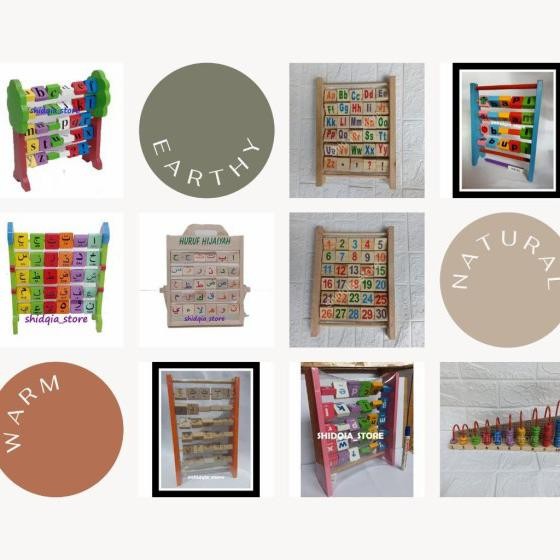 Mainan Kayu Anak Wooden Block Aneka Sempoa Huruf Abjad Angka Hijaiyah