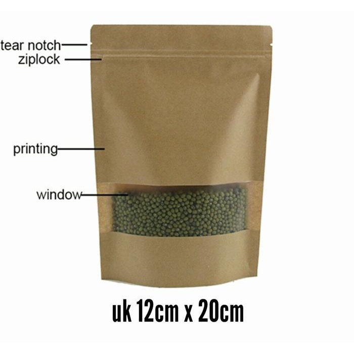 standing pouch kraft window + ziplock 12 x 20