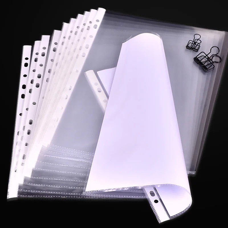 

100pcs 11holes Transparent Plastic Punched File Folders for A4 Documents Sleeves Leaf Documents Bag