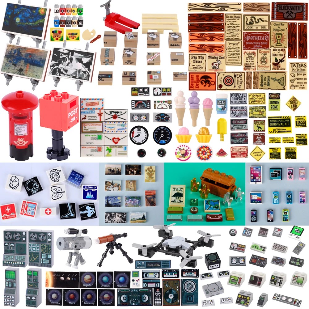 City Printing Building Block Moc Parts Treasure Mobile Computer Controller Game Food Wood Grain Sign