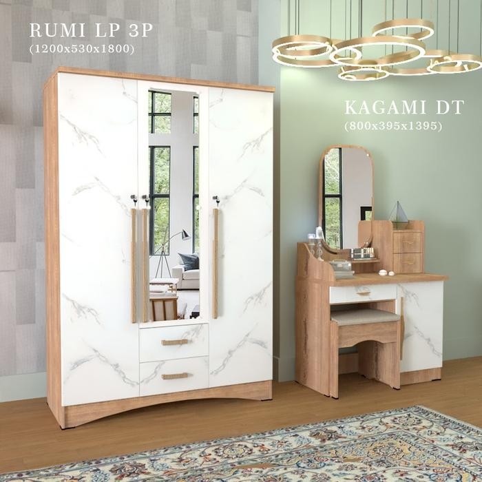 Lemari Pakaian / Lemari Baju 3 Pintu Type Ru & Meja Rias Kaga Merk Romaro