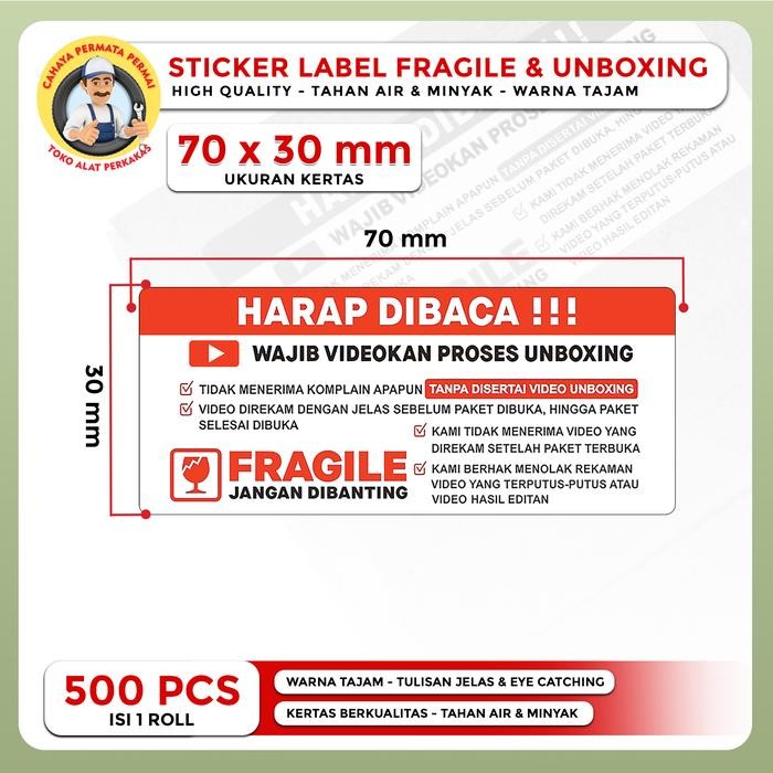 

AT LABEL STICKER FRAGILE WAJIB VIDEO UNBOXING STIKER 70x50 isi 500