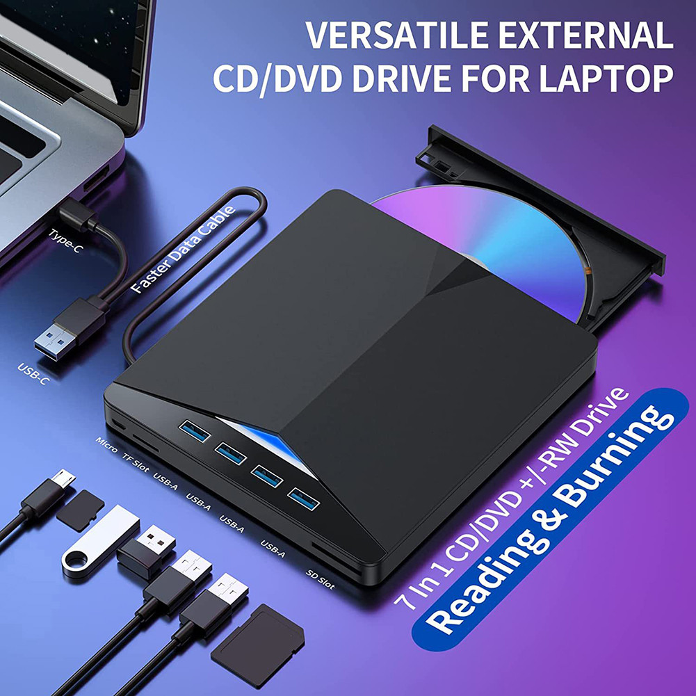 7 in 1 USB 3.0 Type C External CD DVD RW Optical Drive with SD/TF Port CD/DVD/BD -/+RW Player Burner