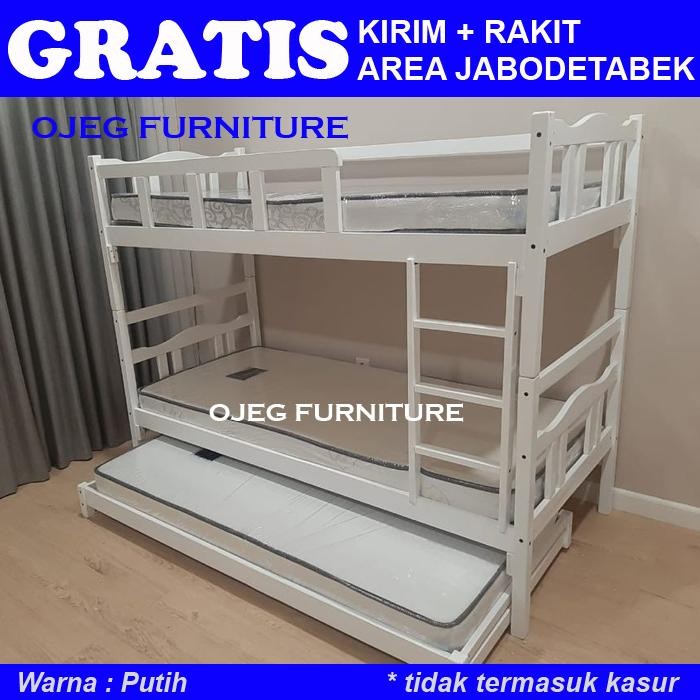 Ranjang 3 Tingkat 100X200 Tempat Tidur Tingkat Kayu Warna Putih