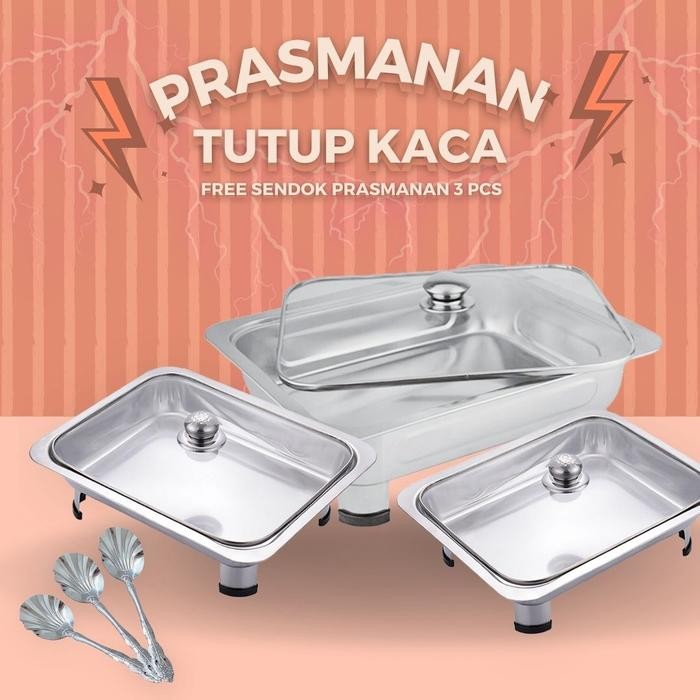 3 Pcs Prasmanan Tutup Kaca Nampan Kotak dengan 3 Pcs Sendok Sayur Stainless Steel Kitchenware