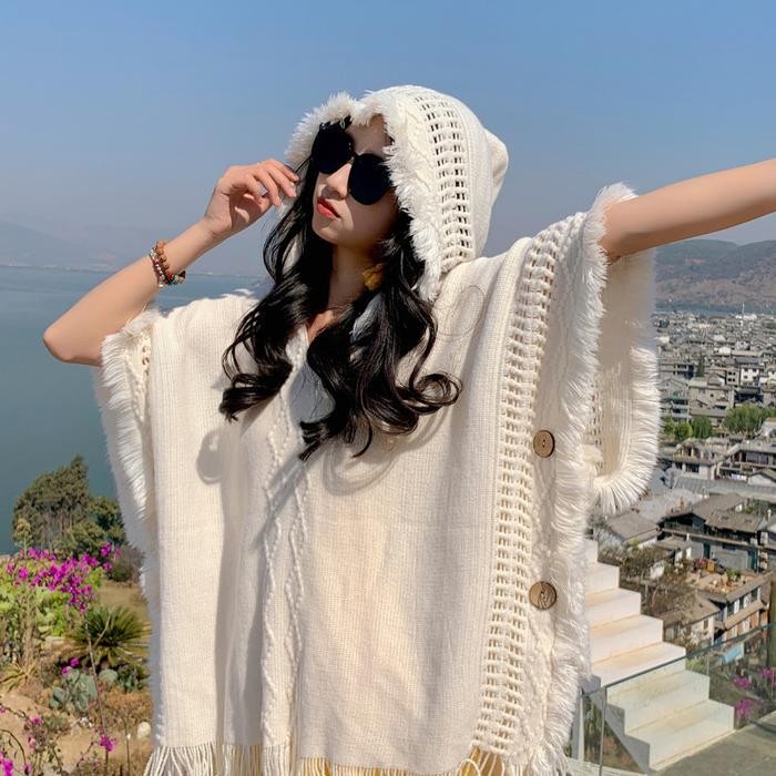 Sweater Rajut Wanita Winter Cape Hoodie Mori Style / Shawl Bohemian Style / Outer Winter Hangat
