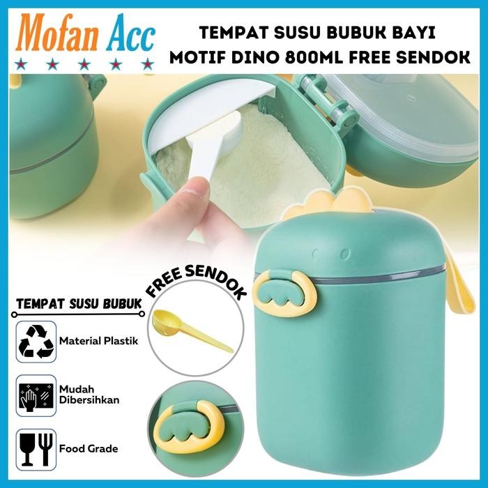 Tempat Susu Bubuk Bayi Motif Dino + Sendok 800 ML / Wadah Penyimpanan Snack Buah Biskuit Food Grade