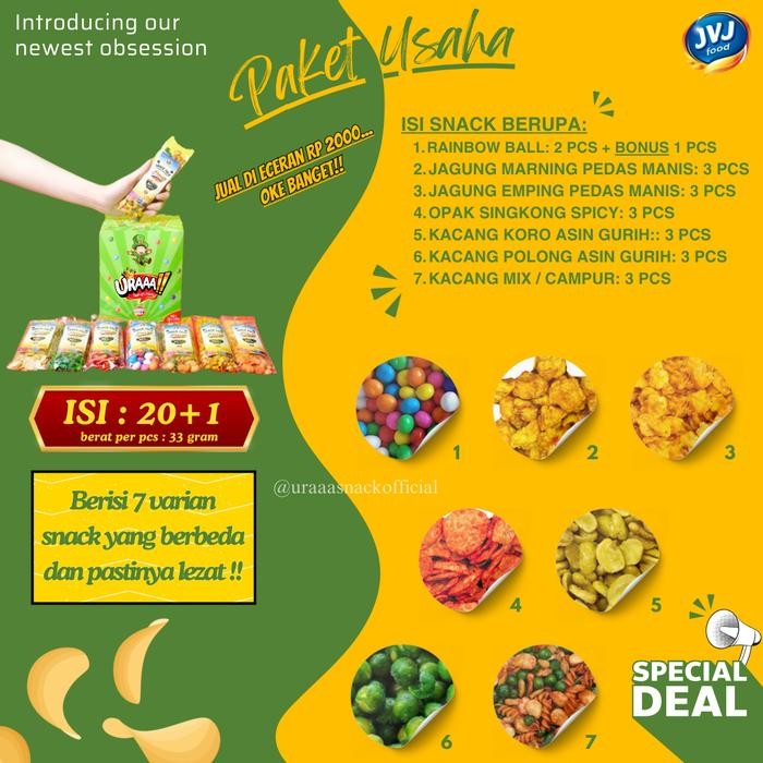 

PAKET USAHA [ISI 60+3] BUNDLE GET 3 BOX SNACKPACK URAAA!! MIX ANEKA KACANG, JAGUNG, OPAK, CHOCO BALL