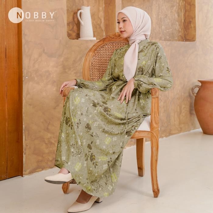 Nobby Dirandra Dress Gamis Wanita Muslim Bahan Satin Silk Motif Print