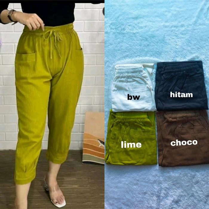 Celana Haruka Bahan Linen Cringcle Wanita Panjang Kulot Kancing Crinkle