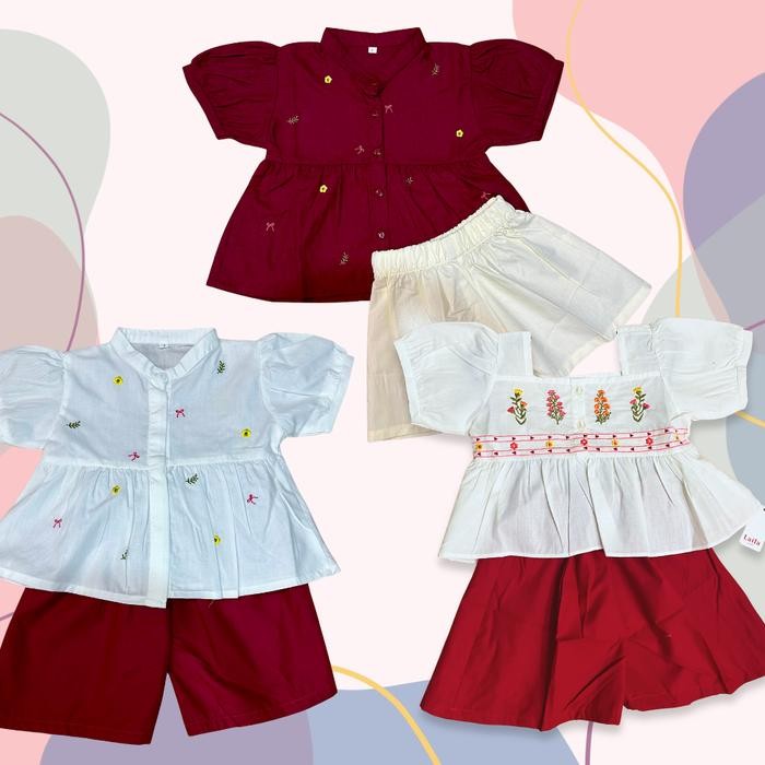 SETELAN ANAK PEREMPUAN LAILA DAISY MERAH DAISY PUTIH BUNGA BERRY BAHAN KATUN 100%