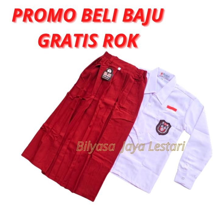 Setelan Kemeja Baju Putih Rok Merah Seragam Sekolah SD Panjang Cewek