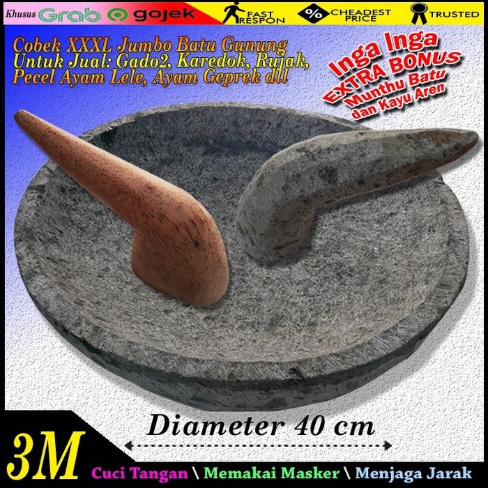 Cobek Batu Asli 40 Cm + Ulekan Batu, Kayu Aren