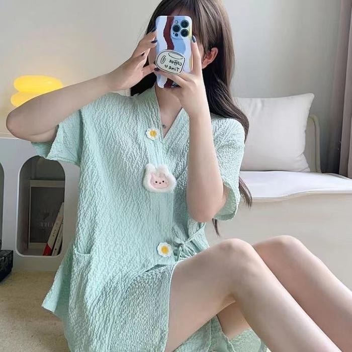 Piyama Baju Tidur Wanita Bs-5027 Kimono Jepang Katun Halus Sleepwear Lengan Panjang Pendek Celana