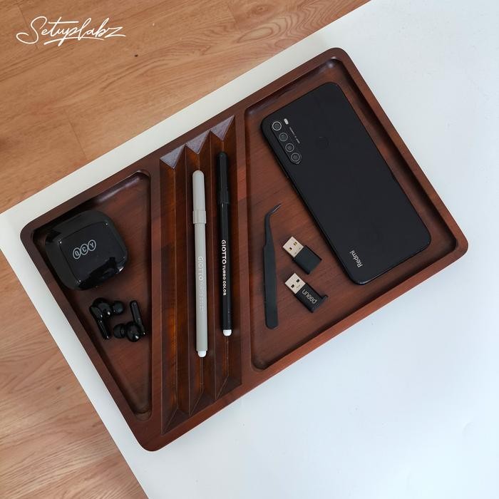 

Setuplabz Wooden Desk Tray Organizer / Pen Tray Organizer / Tray Kayu Jati / Tatakan Kayu - Natural