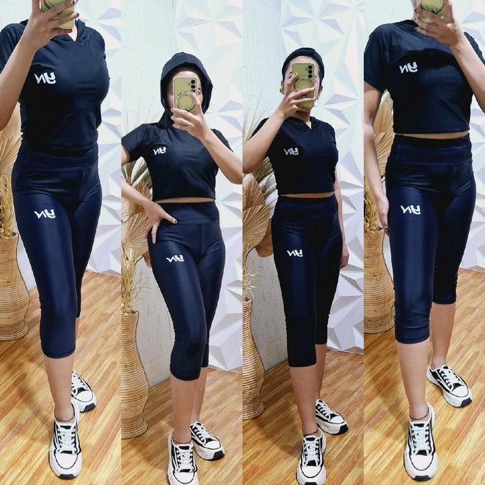 [BEST SELLER] Setelan Senam crop HOODIE YN black legging Mengkilat untuk Olahraga - Sport senam