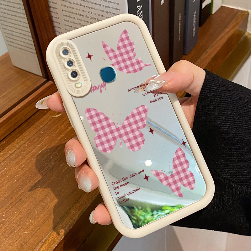 Casing Hp Untuk VIVO Y17 Y15 Y12 Y12i Y3 Y3s 2020 Case Kupu-kupu kotak-kotak cermin Kasing Scrub Kes