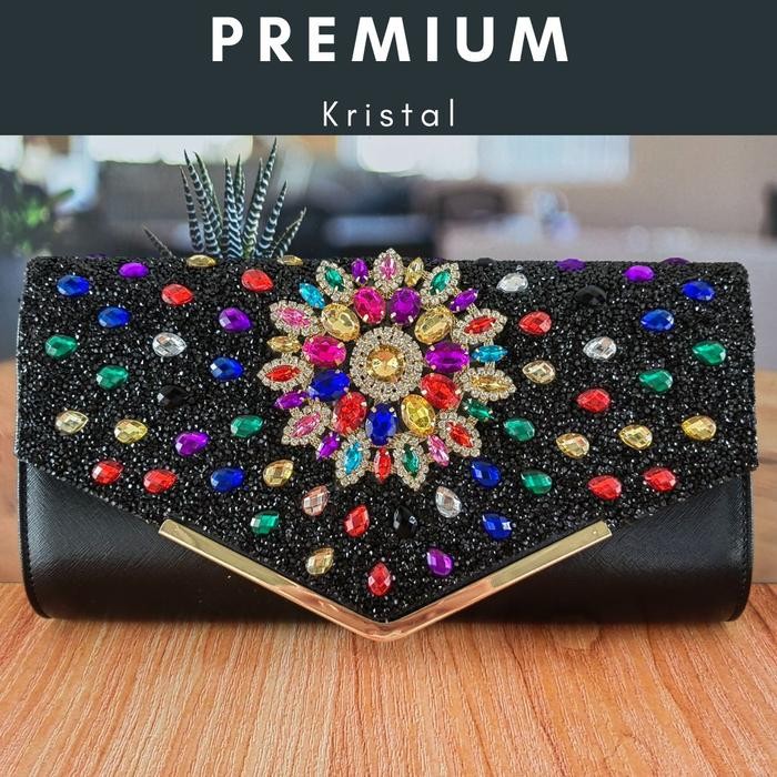 Tas Pesta Clutch Kondangan Wanita Import Kristal Mewah Elegan Impor Hitam Black 7051064 Kulit