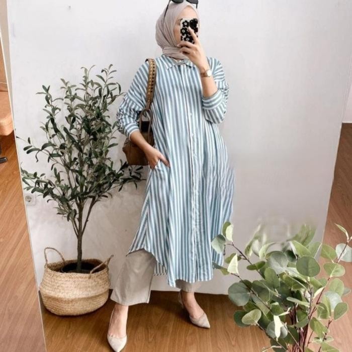 (Expert) Atasan Kemeja Tunik Wanita Lengan Panjang Motif Salur Garis Bahan Rayon Premium Full